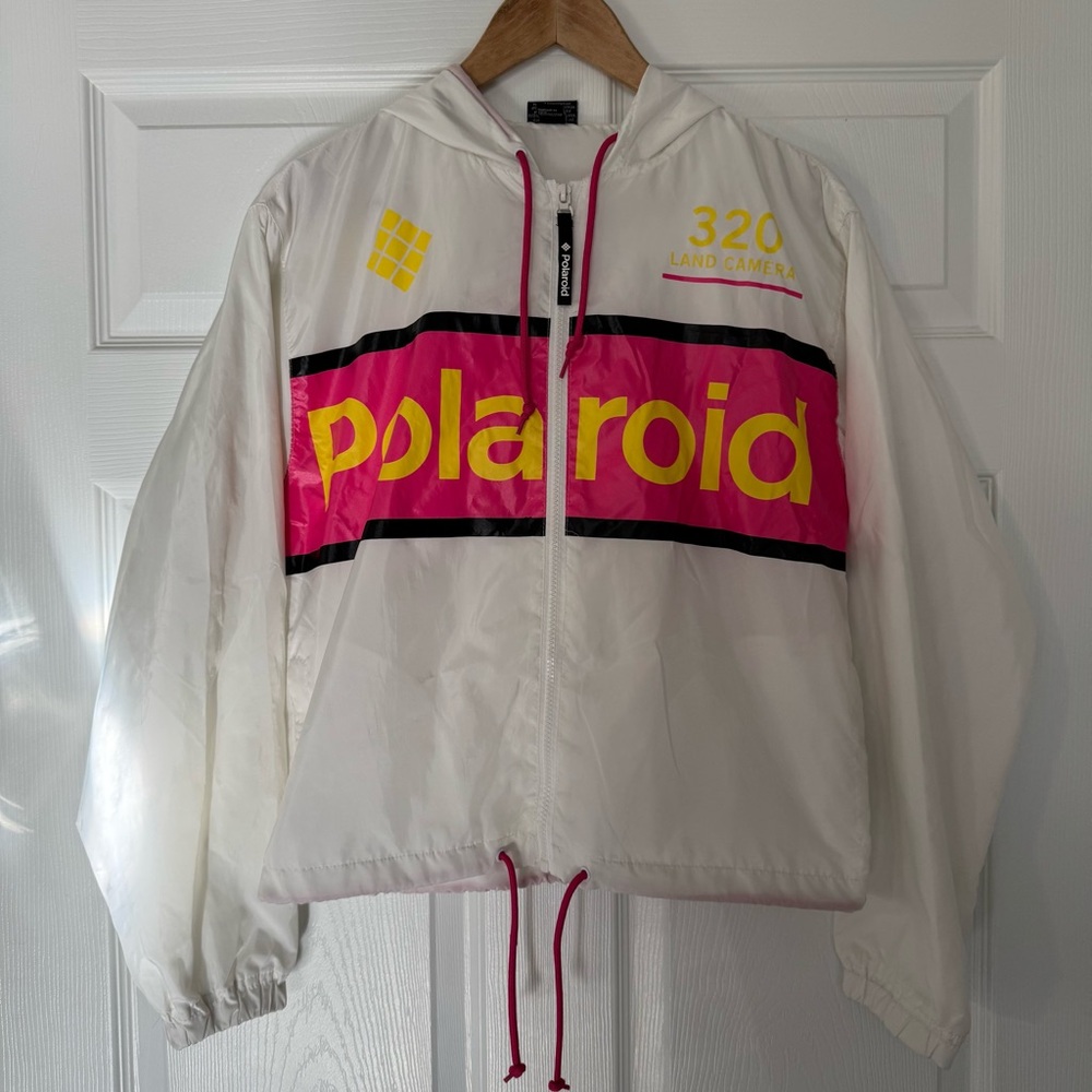 Polaroid Windbreaker Jacket Women’s White Hooded Full Zip Logo Size Small S